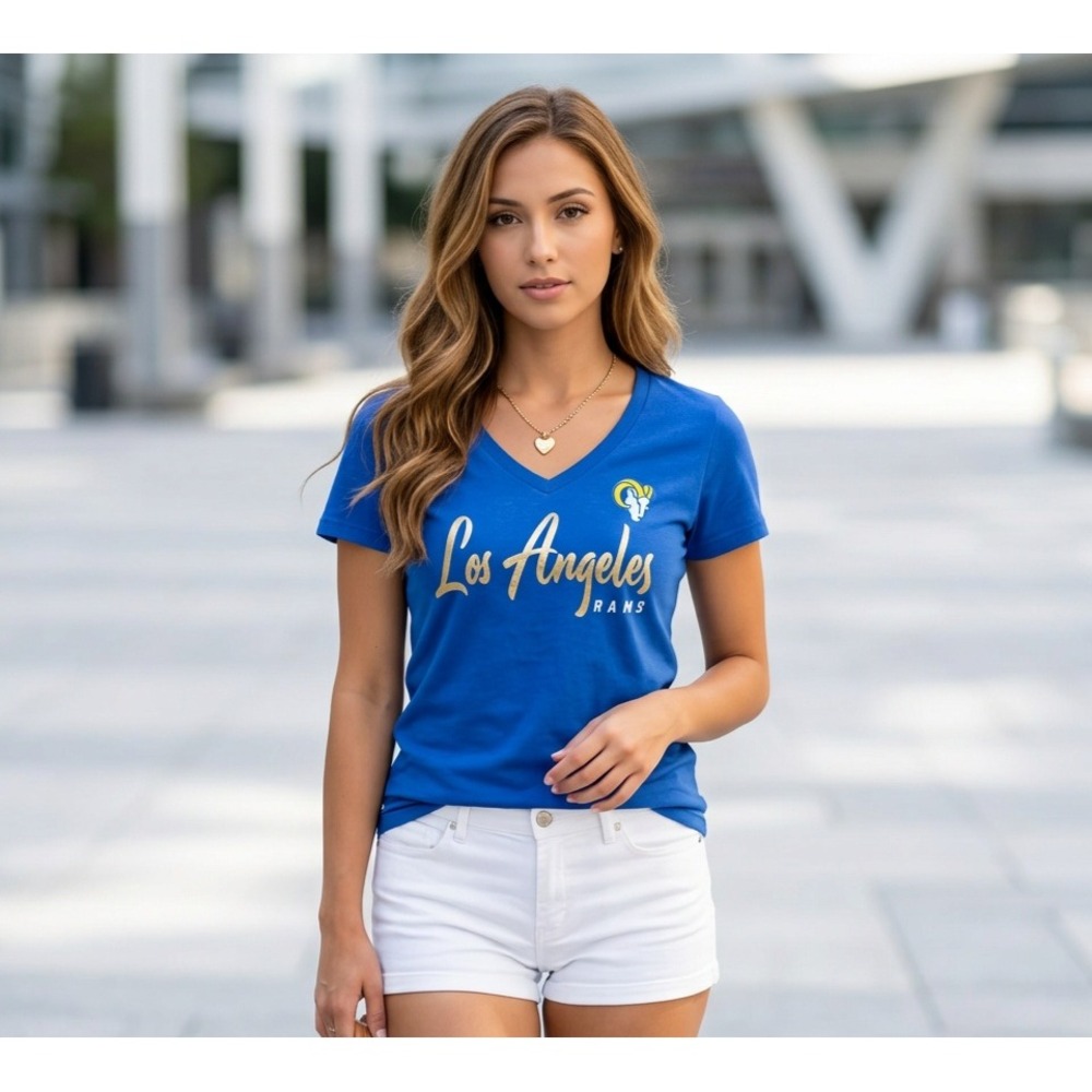 Fanatics NFL Los Angeles Rams Womens V-Neck T-Shirt Blue Gold Large NEW